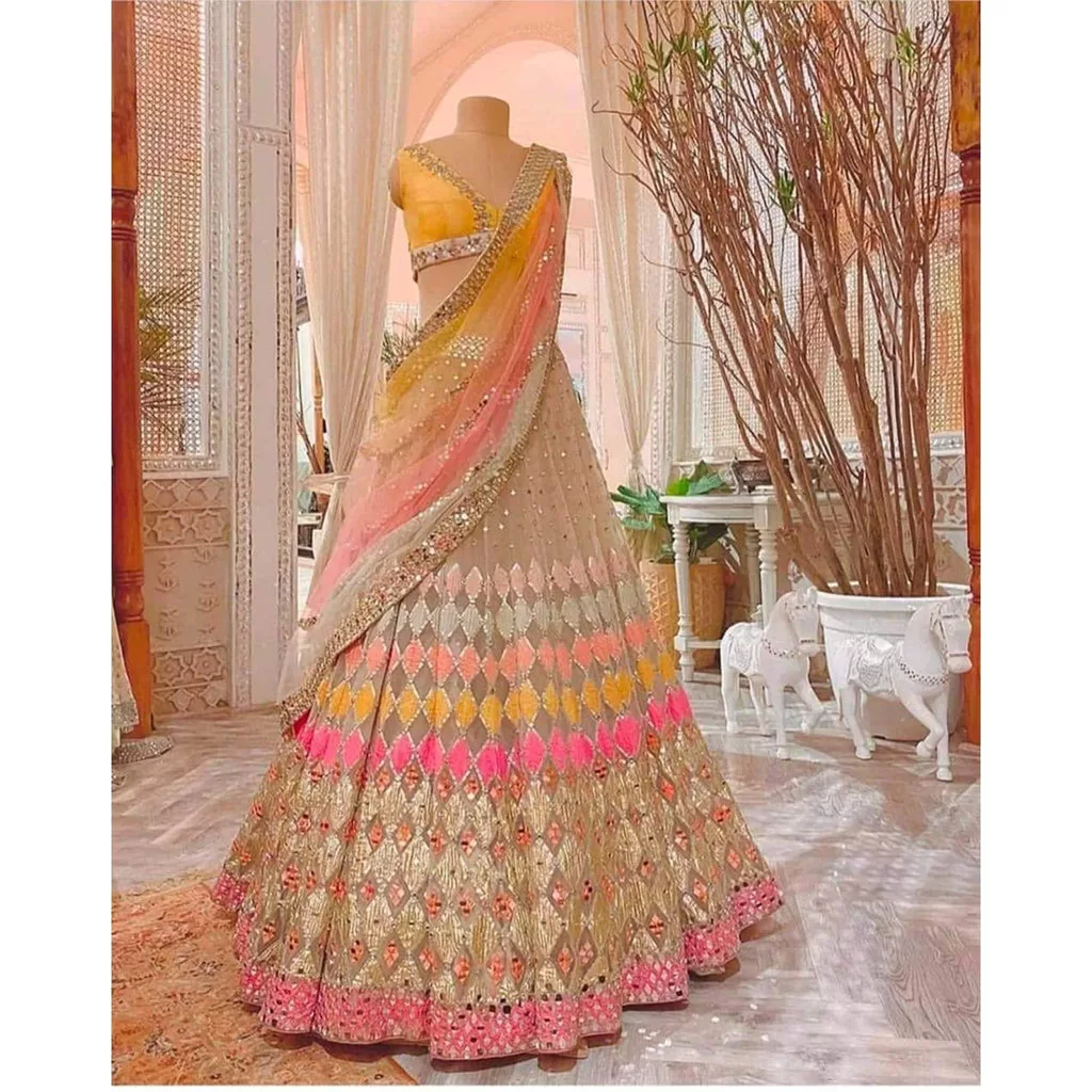 Multi Colored Butterfly Net Mirror Work Lehenga Choli on clothsvilla.com 1 Multi Colored Butterfly Net Mirror Work Lehenga Choli