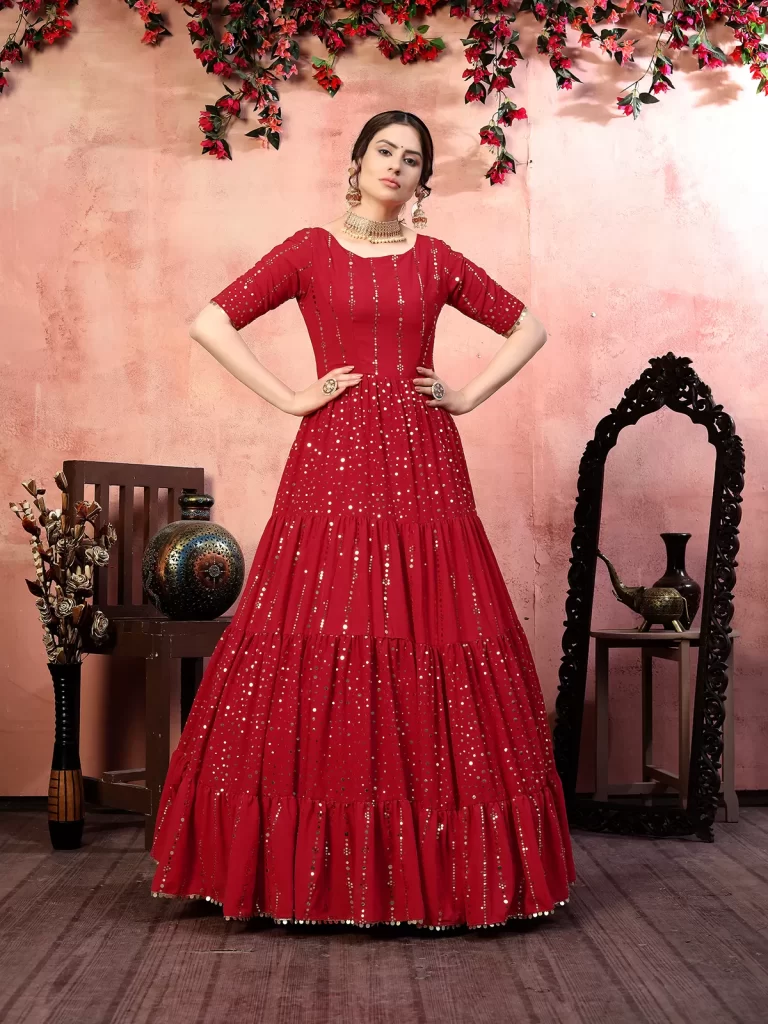 Casual Wear Red Santoon Gown With Fancy Sequins for 2023 1 Casual Wear Red Santoon Gown With Fancy Sequins for 2023