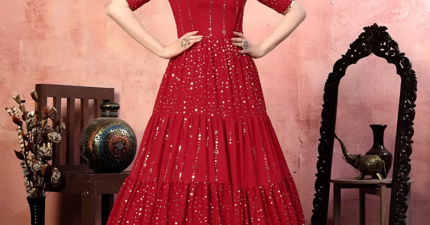 Casual Wear Red Santoon Gown With Fancy Sequins for 2023