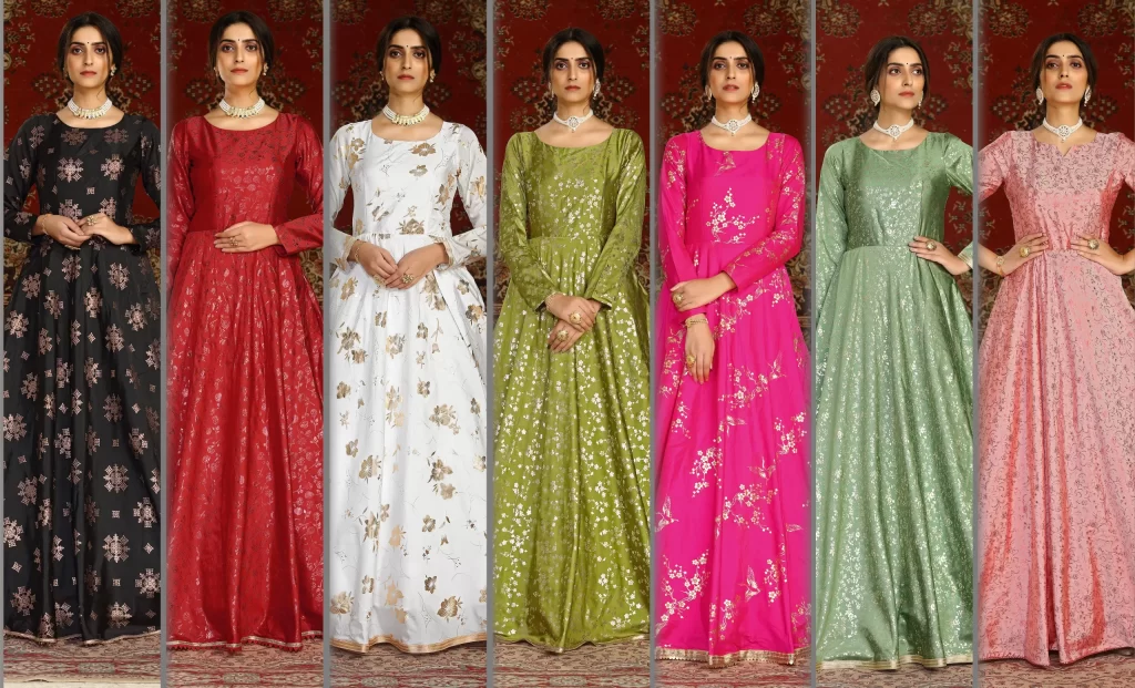 Step-by-Step Guide to Creating a Stunning<br>Look with a Foil Print Taffeta Silk Anarkali Gown 1 Step-by-Step Guide to Creating a Stunning Look with a Foil Print Taffeta Silk Anarkali Gown