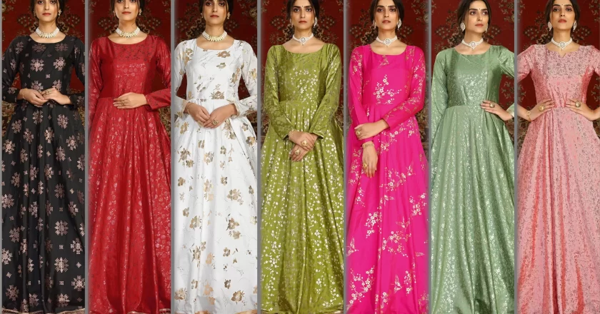 Step-by-Step Guide to Creating a Stunning<br>Look with a Foil Print Taffeta Silk Anarkali Gown