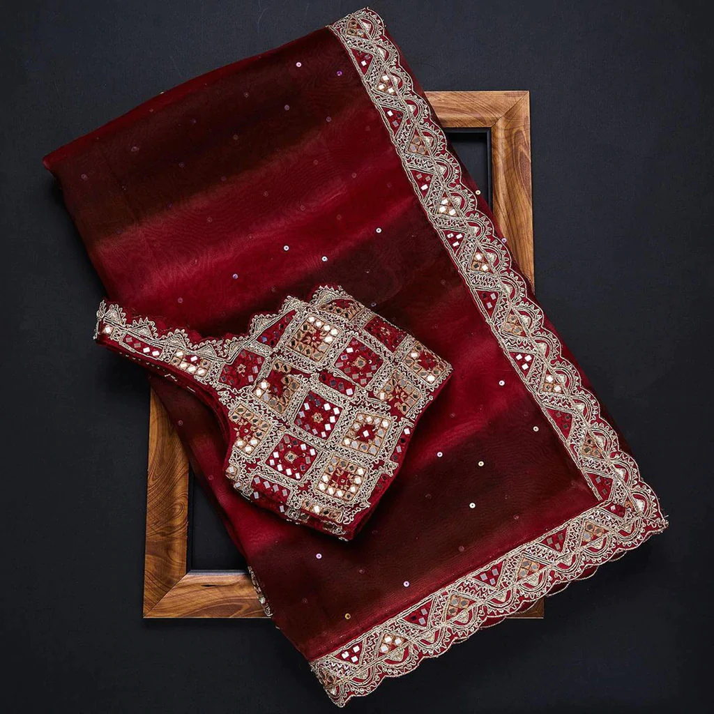 The Journey of the Red Saree: From Ancient Times to Modern Couture 1 Red Color Organza Saree with Dori, Foil and Thread work