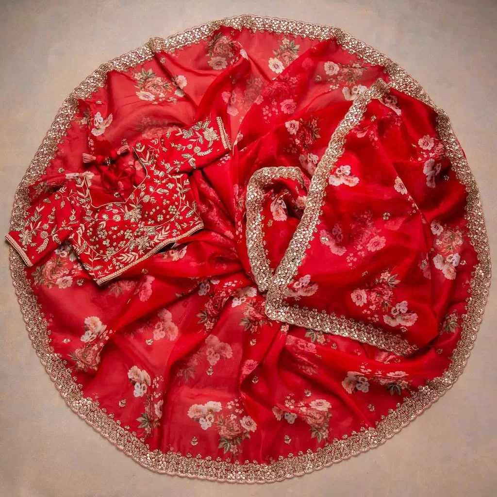 The Timeless Fashion of the Red Saree: A Tale of Elegance and Tradition 1 Red Saree in Organza Silk with Zari Work