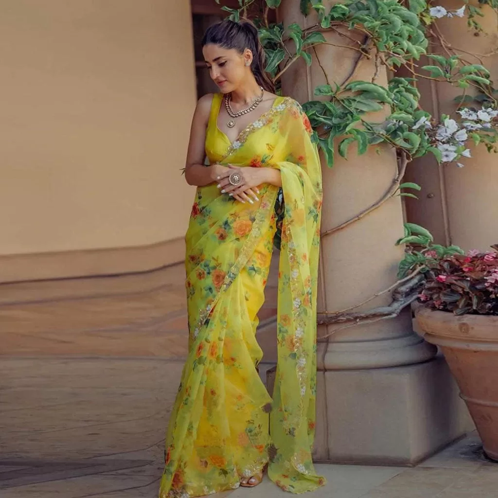 Organza Saree: Woven Dreams, Draped with Elegance 1 Organza Silk Saree with Beautiful Embroidery Thread Work and Silk Blouse for Wedding
