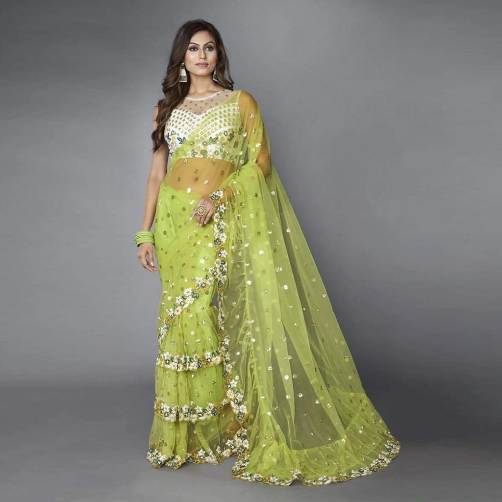 Green Ruffle Saree In Soft Net Fabrics With Embroidery Work