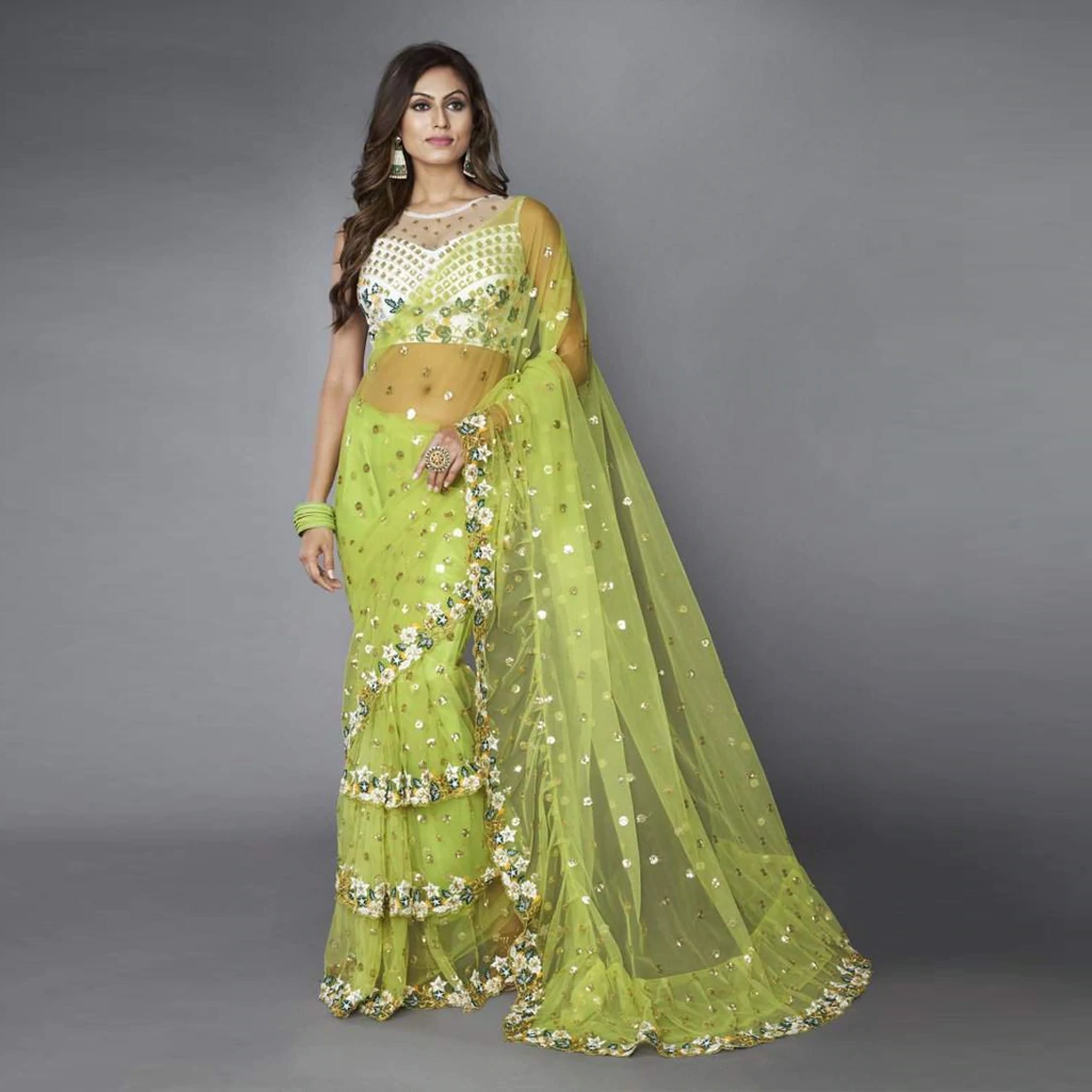 Green Ruffle Saree In Soft Net Fabrics With Embroidery Work