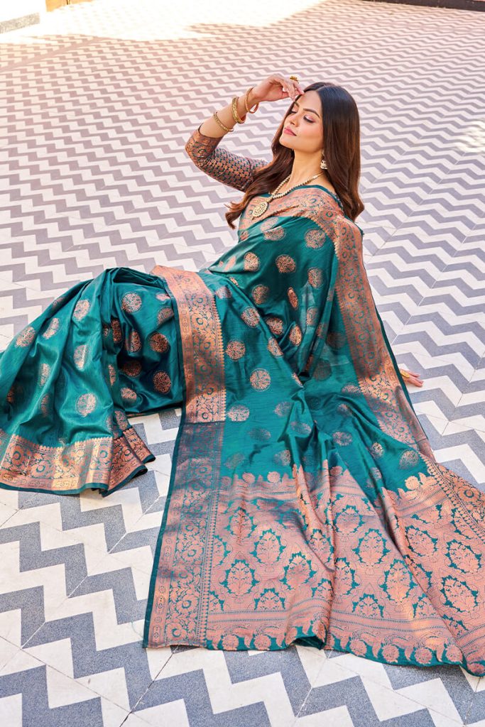 The Enduring Elegance of Kantha Sarees: A Stitch in Time 1 Flameboyant Rama Banarasi Silk Saree With Prettiest Blouse Piece