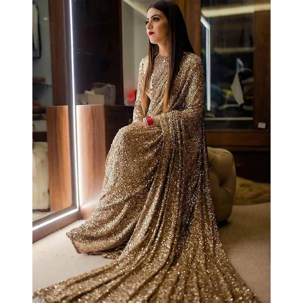 Glimmering in Gold: The Timeless Elegance of a Golden Saree for Wedding 1 Gold Color Shimmer Party Wear Glitter Sequence Saree for Wedding