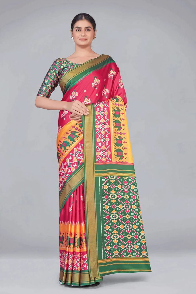 The Enchanting World of Pure Silk Sarees: A Guide for Every Woman 1 Pink & Green Patola With Digital Printed Saree