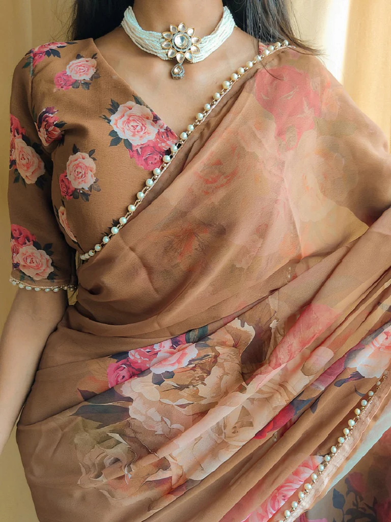 Dazzle on Your Wedding Day: A Guide to Heavy Sarees for the Bride 1 Brown Color Printed With Peral Lace Border Georgette Saree