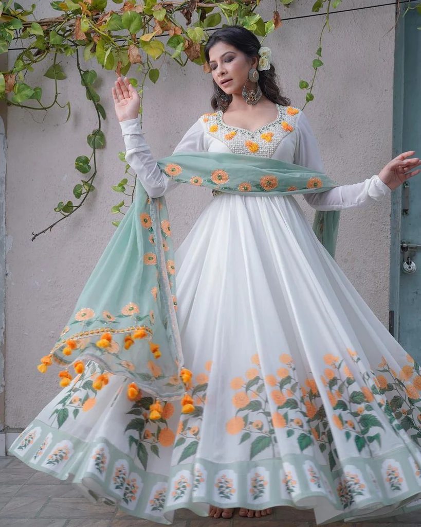 The White Dress: A Timeless Treasure for Every Woman 1 White Color Embroidery Work & Digital Printed Gown