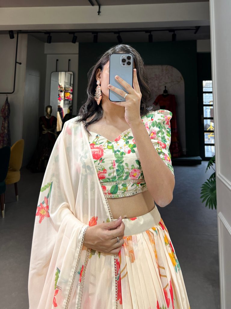 Celebrate the Season's Bloom: Embrace Nature's Essence with a Floral Georgette Lehenga 1 Cream Floral Georgette Lehenga Choli with Lace Border
