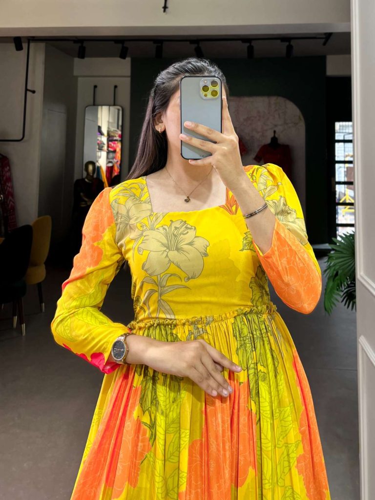 Grace and Glamour: Silk Crepe Long Gown Elevates Evening Elegance (Yellow & Pink) 1 Luxurious Yellow Floral Silk Crepe Long Gown