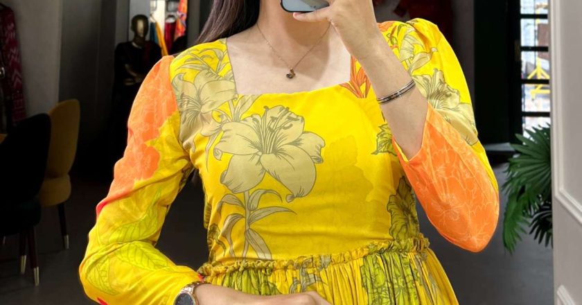Grace and Glamour: Silk Crepe Long Gown Elevates Evening Elegance (Yellow & Pink)