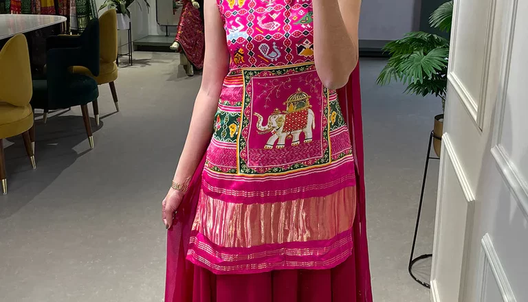 Head Turning Elegance: The Pink Color Printed and Handwork Gaji Silk Kurti Plazo Set
