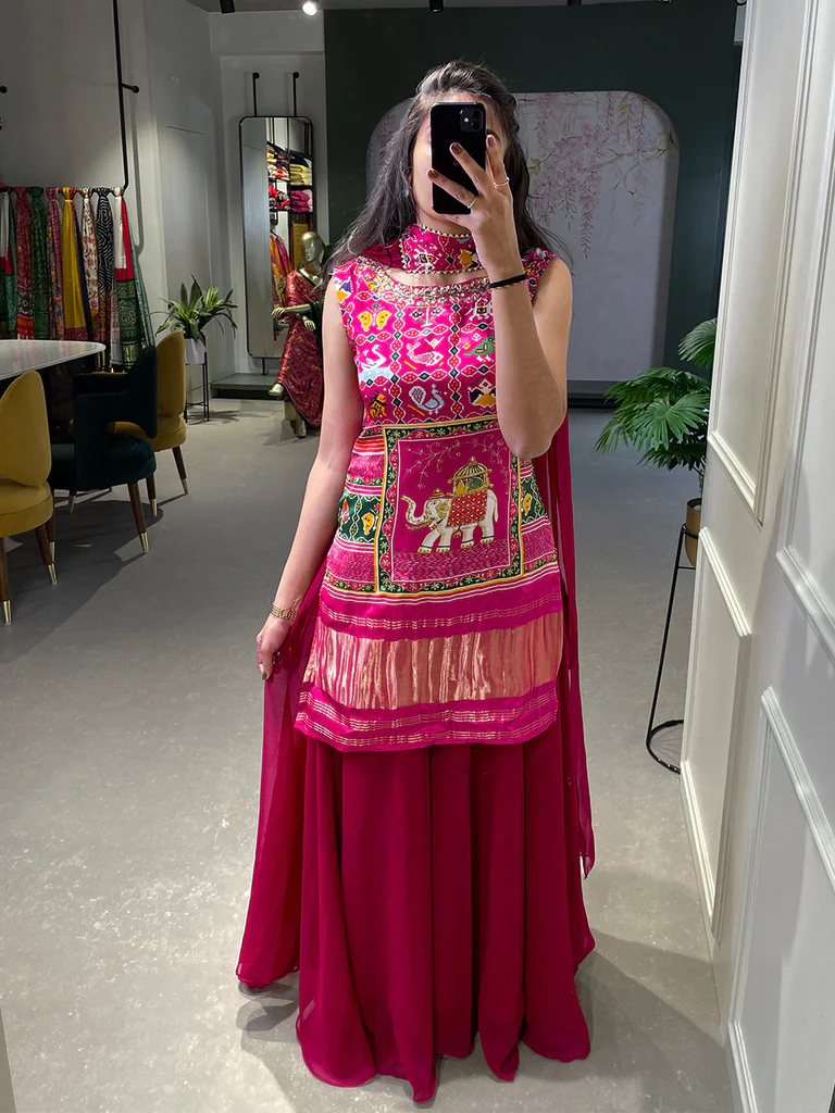 Head Turning Elegance: The Pink Color Printed and Handwork Gaji Silk Kurti Plazo Set 1 kurti plazo