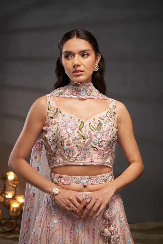 Ethereal Elegance: A Peach Pure Chiffon Lehenga Choli Set for the Modern Bride 1 Peach Pure Chiffon Lehenga Choli Set with Mirror, Zardosi & Sequin Work
