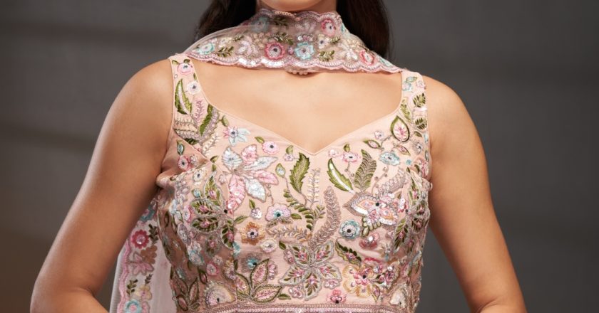 Ethereal Elegance: A Peach Pure Chiffon Lehenga Choli Set for the Modern Bride