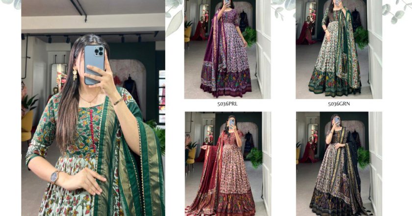 Steal the Spotlight in a Tussar Silk Gown: Floral Elegance with a Touch of Shine
