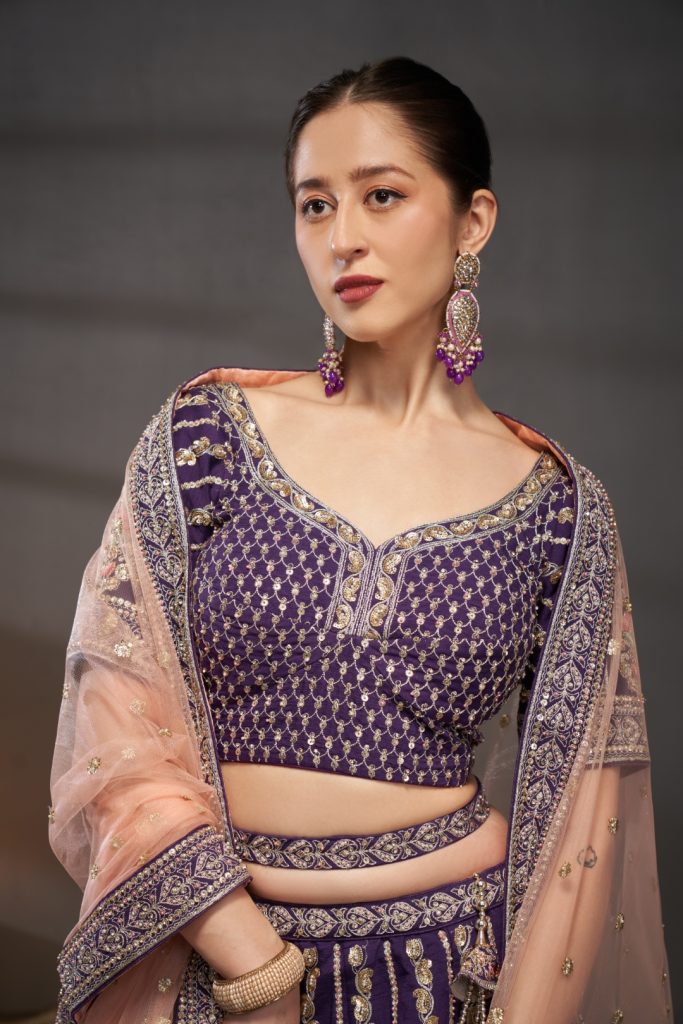 Purple Pure Silk Bridal Lehenga Choli & Dupatta with Moti, Zarkan & Sequin Embellishment