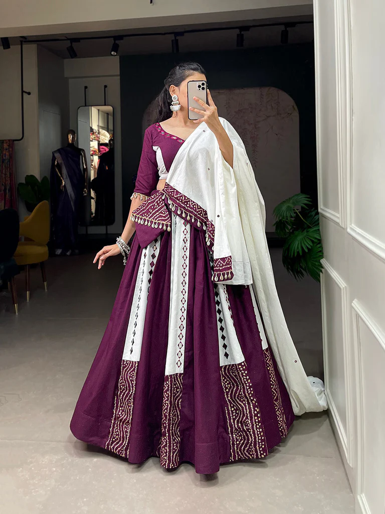 Be the Dazzling Star of Garba Night with Our Exquisite Mirror Work Lehenga Choli Collection 1 Wine Mirror Work Lehenga Choli