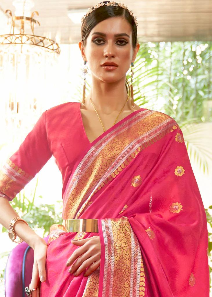 The Allure of Hot Pink: Drape Yourself in a Hot Pink Kanjivaram Silk Saree with Silver & Golden Zari 1 Hot Pink Kanjivaram Silk Saree Woven with Silver & Golden Zari