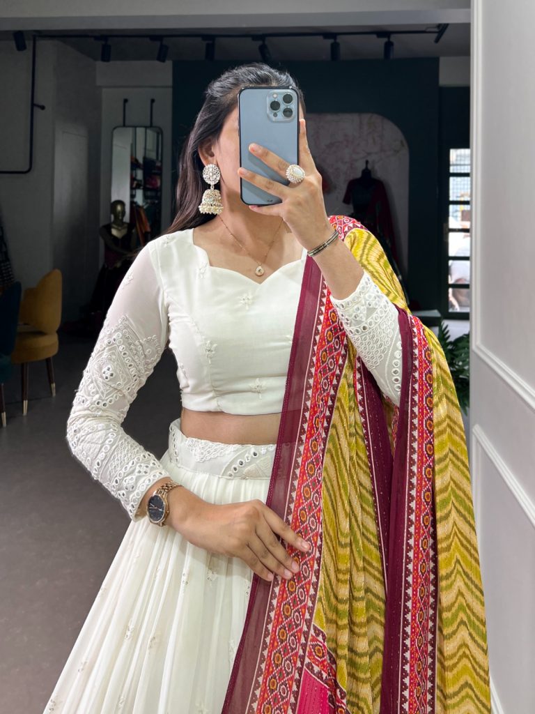 Unveiling Timeless Beauty: The Lucknowi Paper Mirror Work Lehenga Choli 1 White Lucknowi Paper Mirror Work Lehenga Choli Set - Georgette & Chinon