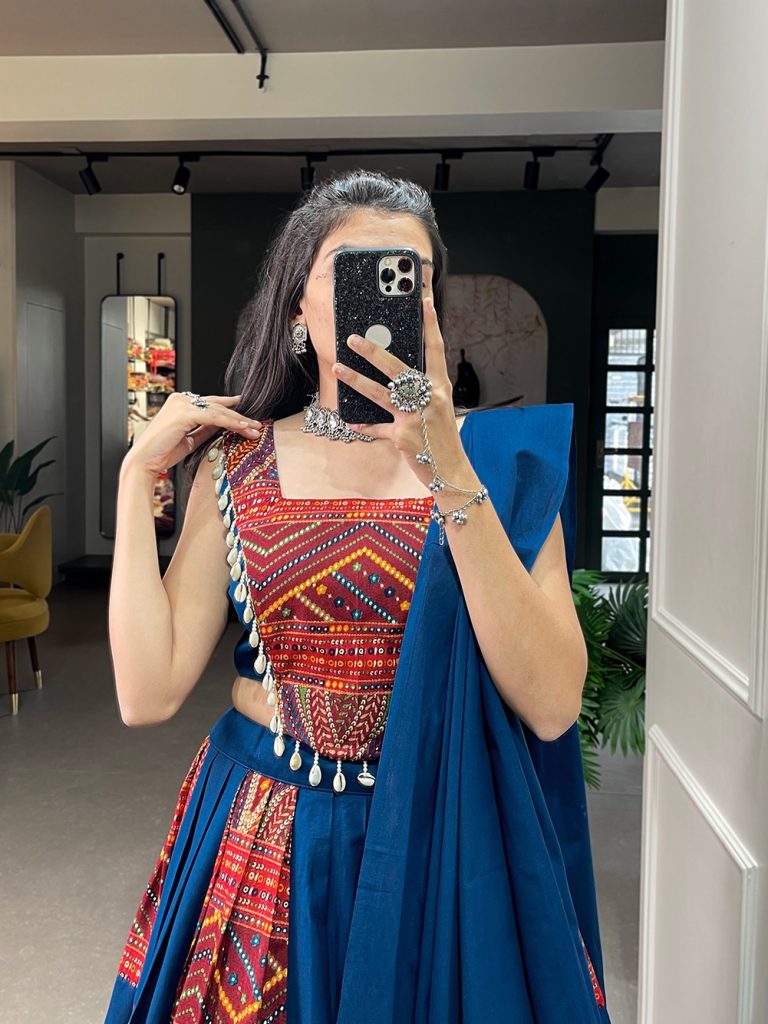 Dance Your Way Through Navratri in Our Dazzling 2024 Collection! 1 Blue Embroidered & Printed Pure Cotton Lehenga Choli Set
