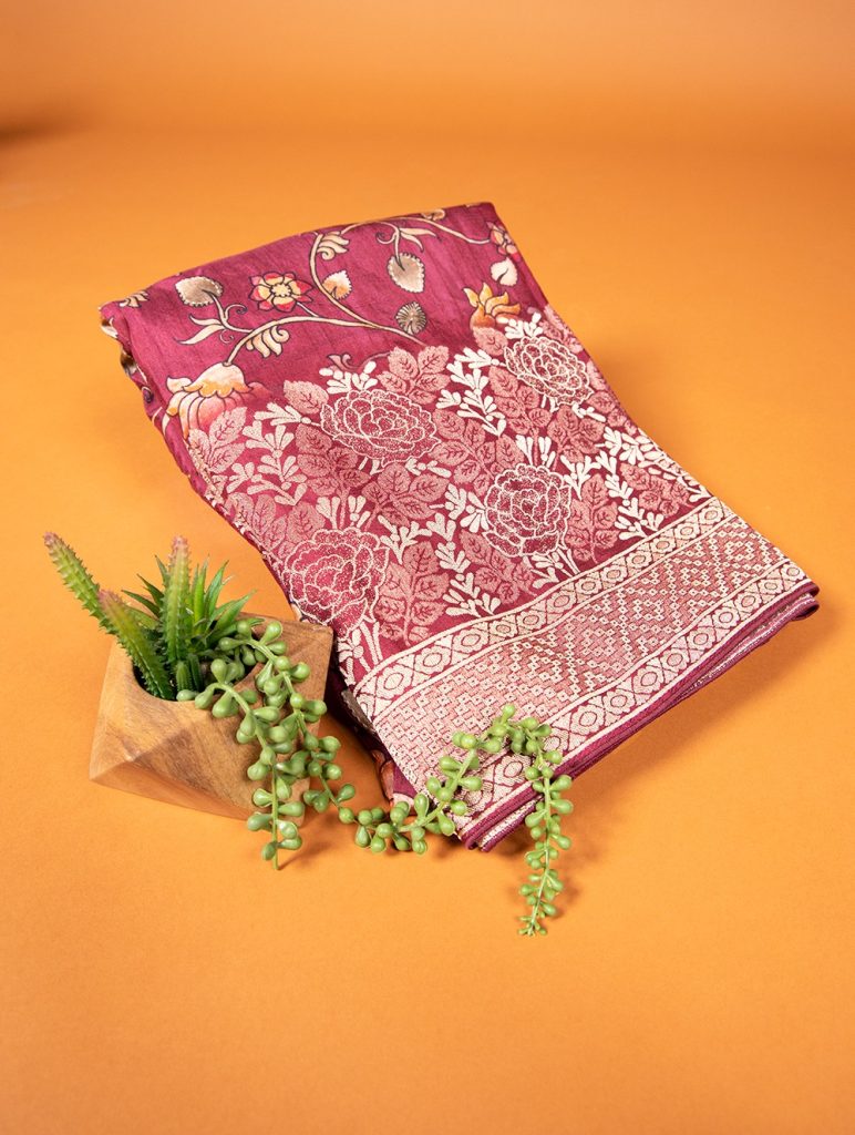 Unveiling Elegance: Your Guide to the Kalamkari Viscose Saree Collection 1 Maroon Viscose Kalamkari Saree with Zari Weaving & Tassels