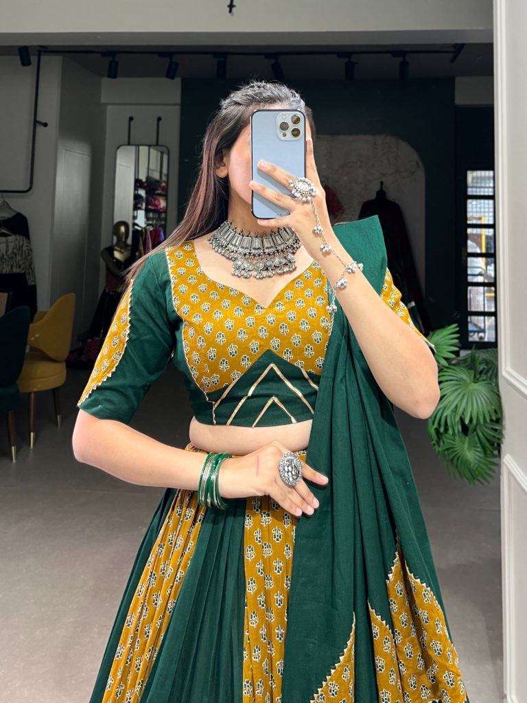 Embrace the Vibrancy of Navratri with a Mustard & Green Cotton Chaniya Choli 1 Mustard & Green Cotton Chaniya Choli with Printed Kali & Cowrie Work