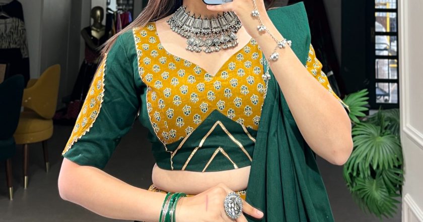 Embrace the Vibrancy of Navratri with a Mustard & Green Cotton Chaniya Choli