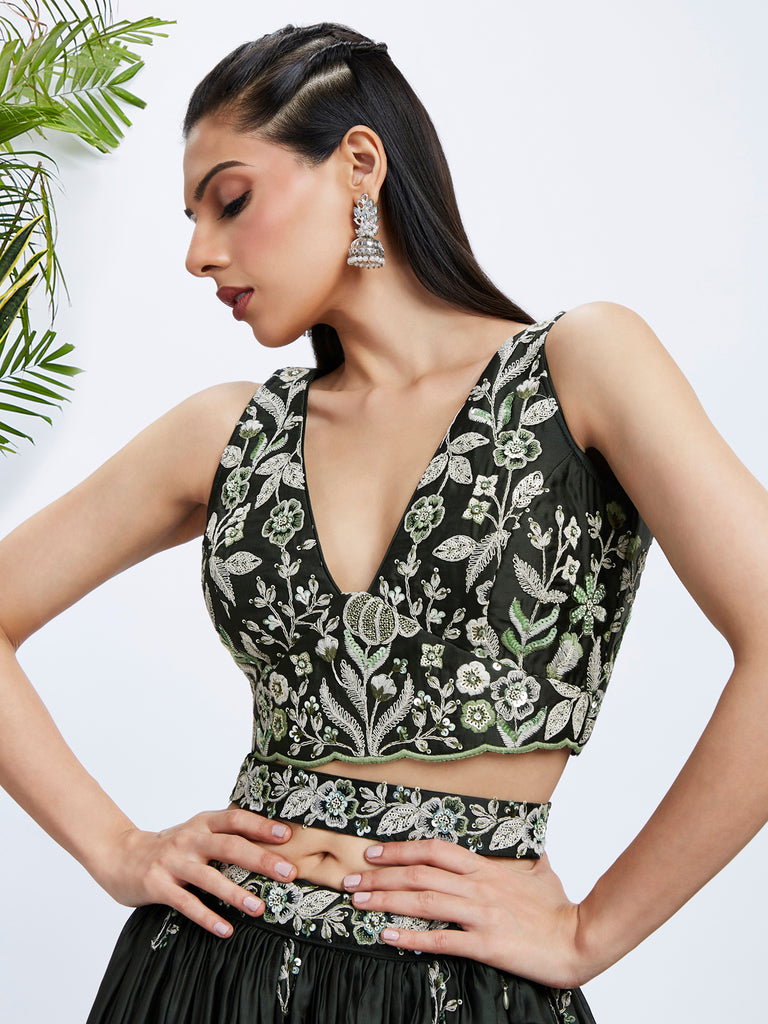 Be the Envy of the Event in a Dazzling Olive Green Sequin Lehenga Choli Set 1 Olive Green Sequinned Lehenga Choli Set with Embroidered Dupatta