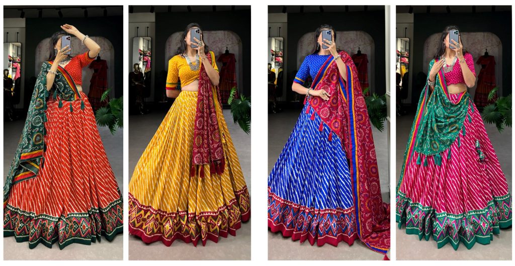 The Enchanting Embrace of Tradition: Our Exquisite Leheriya Print Tussar Silk Lehenga Choli 1 The Enchanting Embrace of Tradition: Our Exquisite Leheriya Print Tussar Silk Lehenga Choli