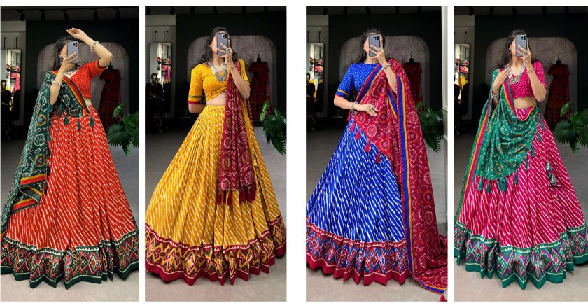The Enchanting Embrace of Tradition: Our Exquisite Leheriya Print Tussar Silk Lehenga Choli