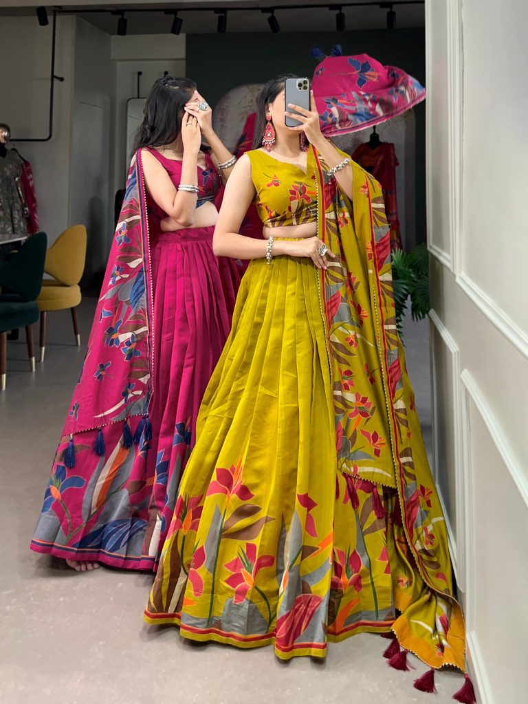 Mustard Floral Lehenga Choli with Foil Print & Gotta Patti Dupatta