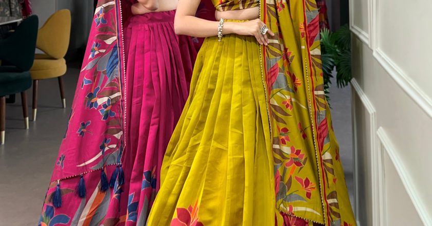 Exquisite Floral Fantasy: Embrace Elegance in the Mustard or Rani Pink Lehenga Choli