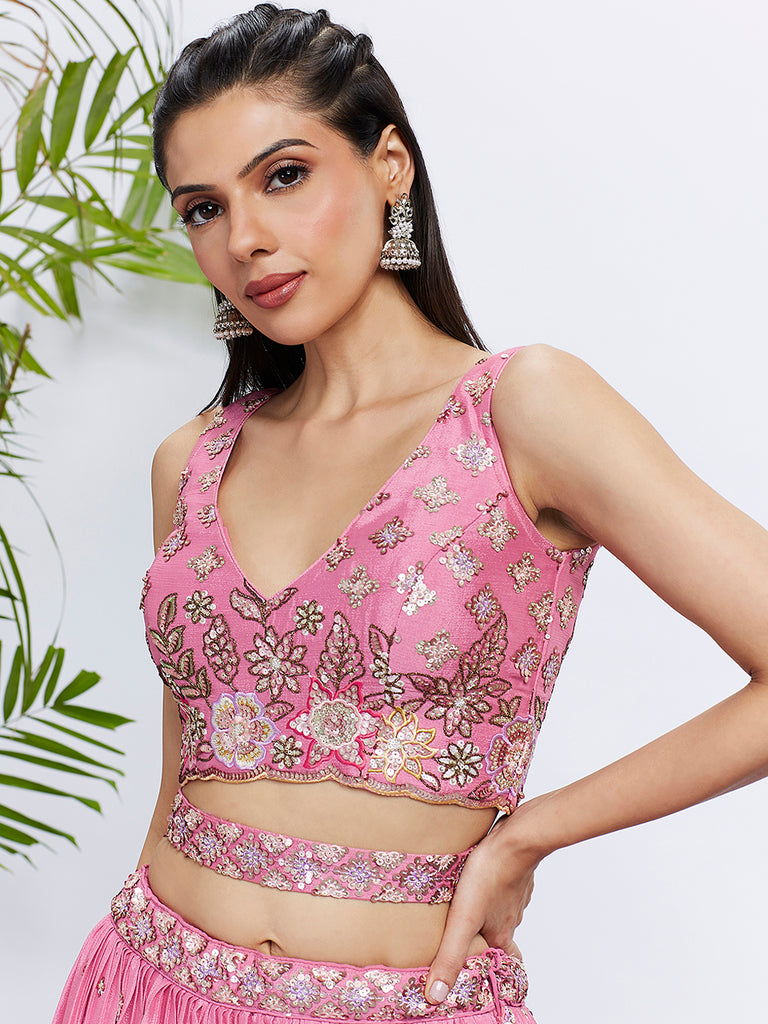 Be the Dazzling Diva: A Breathtaking Pink Chiffon Lehenga Choli Set with Sequins and Embroidery 1 Pink Chiffon Sequined Lehenga Choli Set with Thread Embroidery & Printed Dupatta