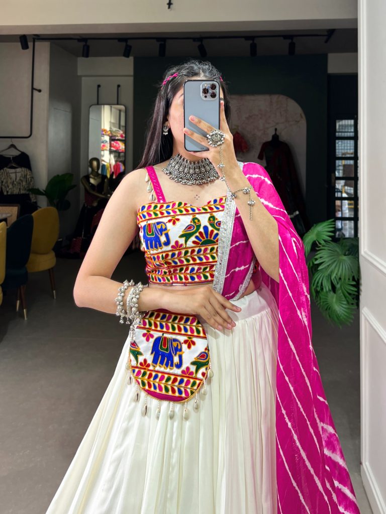 Embrace the Spirit of Navratri in Style: Our Rayon Gamthi Work Lehenga Choli Collection 1 Radiant White Gamthi Work Lehenga Choli Set with Leheriya Dupatta