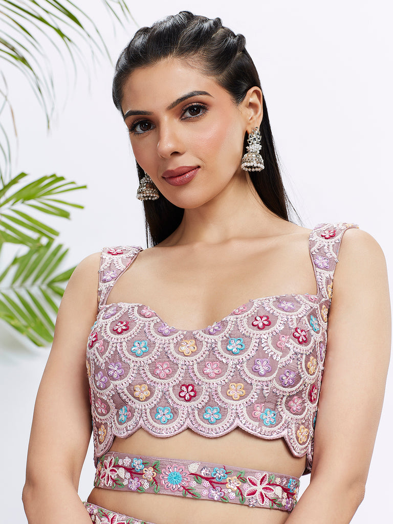 Be the Most Mesmerizing Mauve: Rose Gold Sequined Lehenga Choli Set 1 Rose Gold Shimmer Mauve Sequined & Embroidered Semi-Stitched Lehenga Choli Set