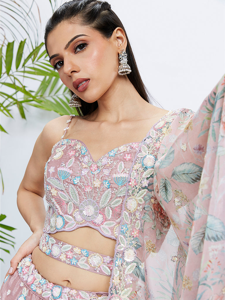 Bejeweled Beauty: The Rose Gold Lehenga Choli Set for Your Dream Celebration 1 Rose Gold Shimmer Semi-Stitched Lehenga Choli Set with Sequin & Thread Embroidery
