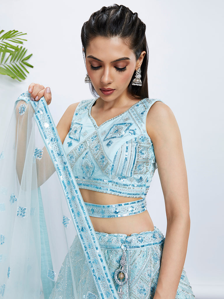 Sparkling Elegance: Embrace the Enchanting Turquoise Blue Lehenga Choli Set 1 Turquoise Blue Embroidered Net Lehenga Choli Set with Cutdana, Zardosi & Sequins
