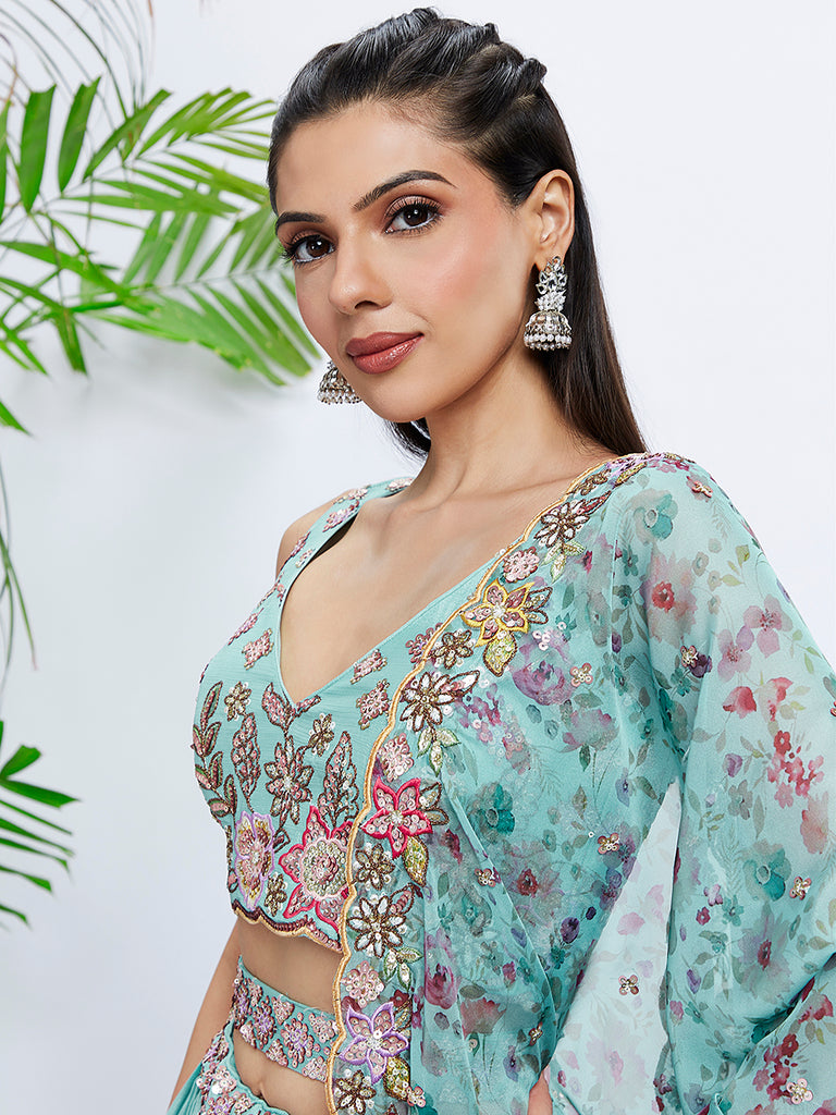 Bejewel Yourself in Turquoise: A Breathtaking Lehenga Choli Set for Every Occasion 1 Turquoise Sequined & Embroidered Chiffon Lehenga Choli Set with Printed Dupatta