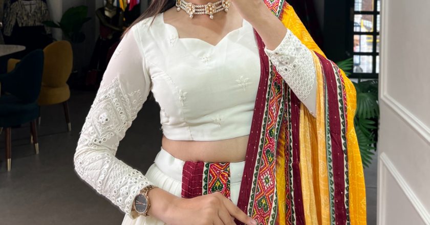 Timeless Elegance: A White Lucknowi Paper Mirror Work Lehenga Choli