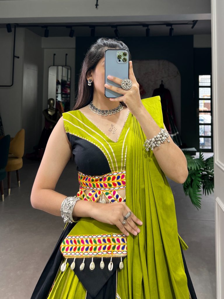 Embrace Tradition with a Twist: Our Parrot Green Cotton Lehenga for Navratri 2024 1 Embrace Tradition with a Twist: Our Parrot Green Cotton Lehenga for Navratri 2024