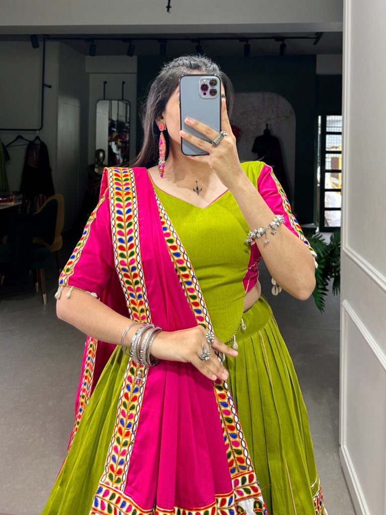 Parrot Green Navratri Lehenga Set: A Festive Fusion of Tradition and Style 1 Parrot Green Navratri Lehenga Set with Gamthi Work and Cowrie Lace