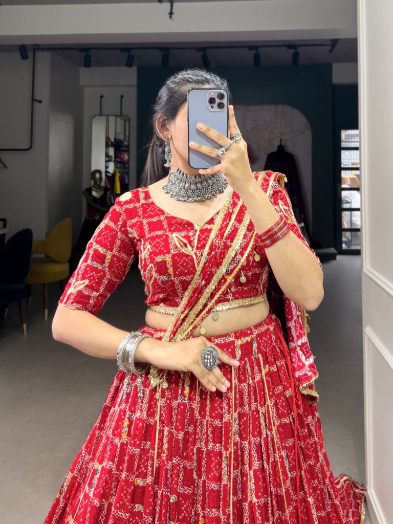 Ignite Your Festive Spirit with This Exquisite Red Lehenga Set 1 Red Navratri Lehenga Set with Gota Patti Work and Foil Print