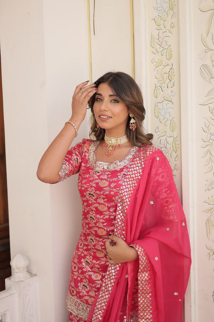 Elevate Your Ethnic Wardrobe with This Exquisite Magenta Kurti Set 1 Viscose Jacquard Sequined Magenta Kurti with Embroidered Sharara & Russian Silk Dupatta