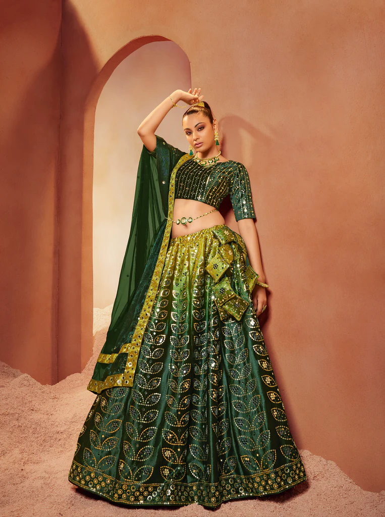 Admiring Green Velvet Lehenga Choli with Mirror & Sequence Work: The Ultimate Bridal & Party Ensemble 1 Admiring Green Color Mirror & Sequence Work Velvet Lehenga Choli