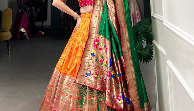 Embrace Elegance with the Orange Jacquard Lehenga Set: A Timeless Paithani Masterpiece