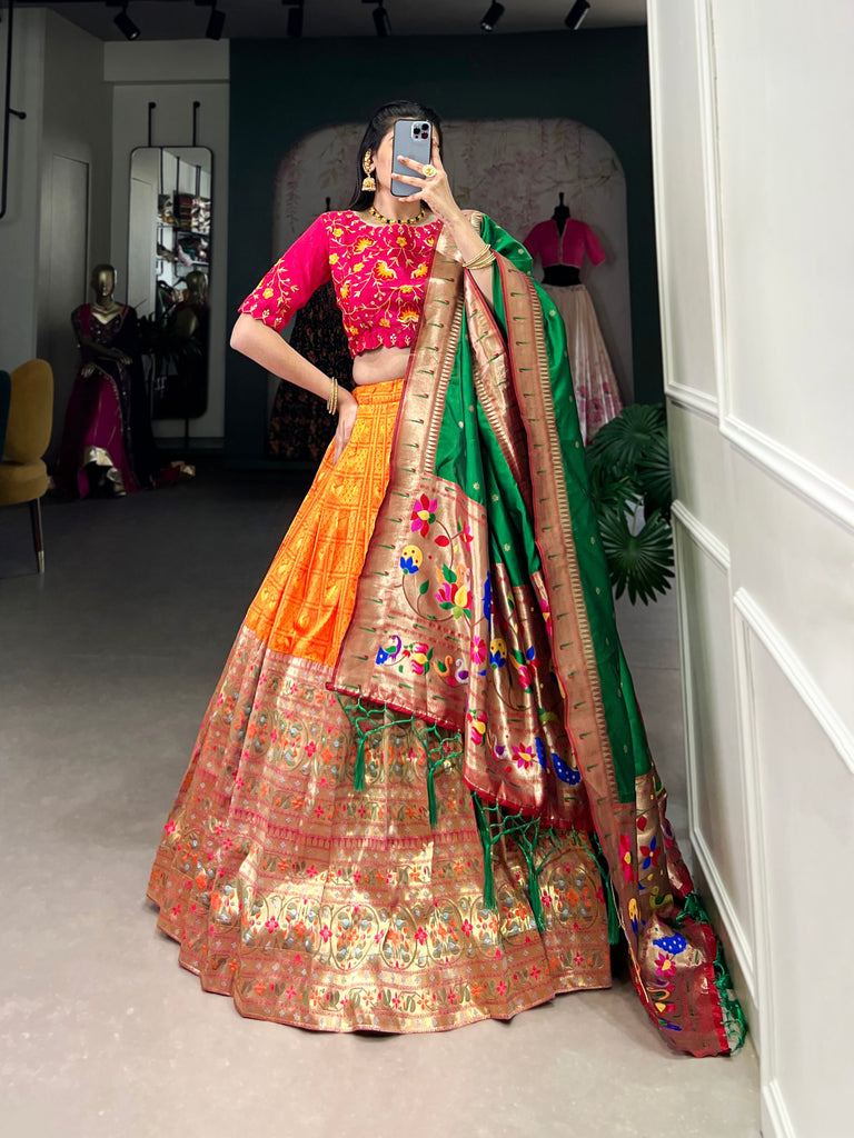 Embrace Elegance with the Orange Jacquard Lehenga Set: A Timeless Paithani Masterpiece 1 Orange Jacquard Lehenga Set with Zari Weaving – Embrace Elegance in Paithani Style